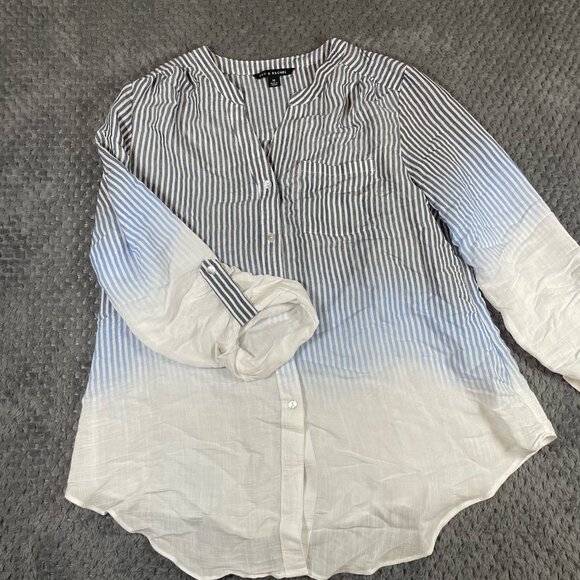 Zac & Rachel Tops - Zac & Rachel Women Button Up Top Med Ombre Blue Roll Tab Sleeve Coastal Nautical